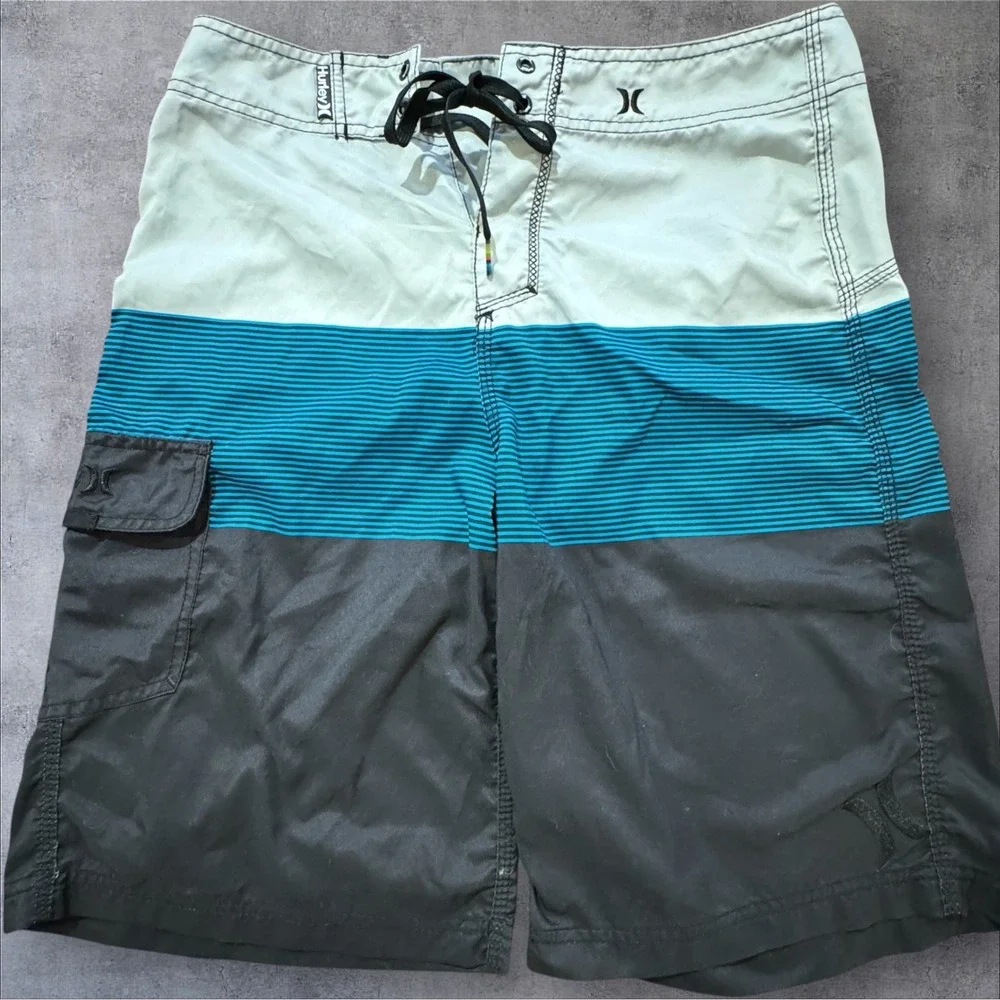 Hurley Board Shorts Men's 30 Blue Colorblock Striped Swim Trunks Surf Skate